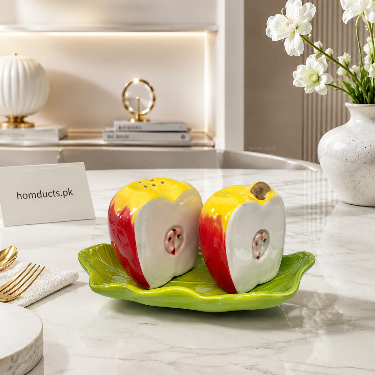Danny Home Apple Ceramic Salt & Pepper Shaker Set with Leaf Tray β Premium Porcelain Spice Dispenser for Dining Table & Kitchen Decor