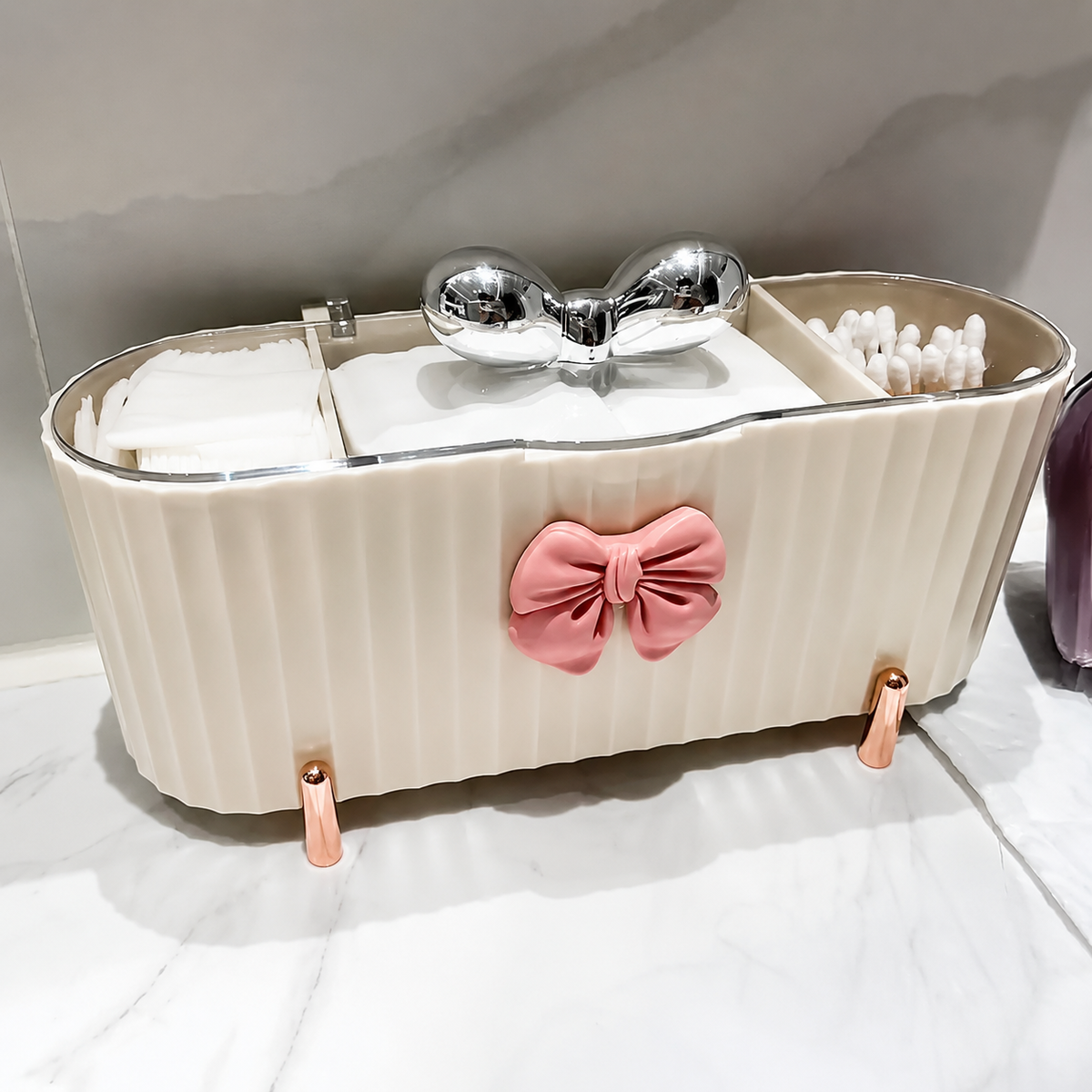 Premium Multi-Section Cosmetic Organizer with Decorative Bow Design