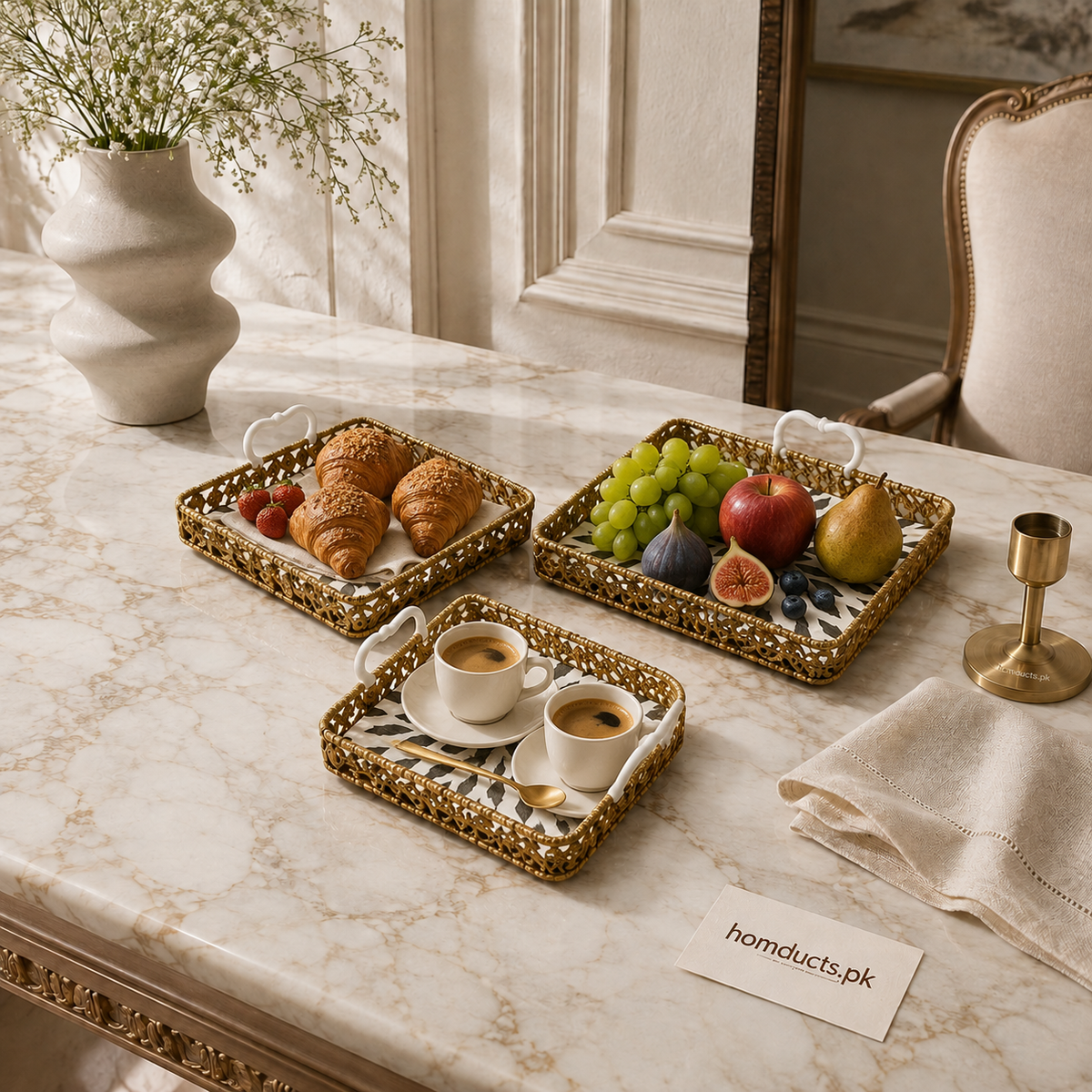 Luxury 3-Piece Golden Decorative Serving Tray Set with Handles