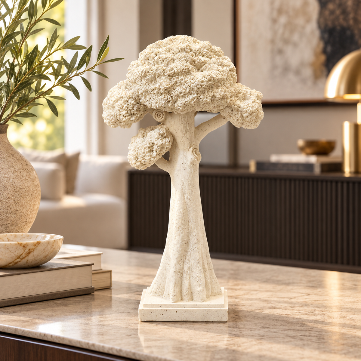 Tall Textured Tree Decorative Sculpture – Cream White