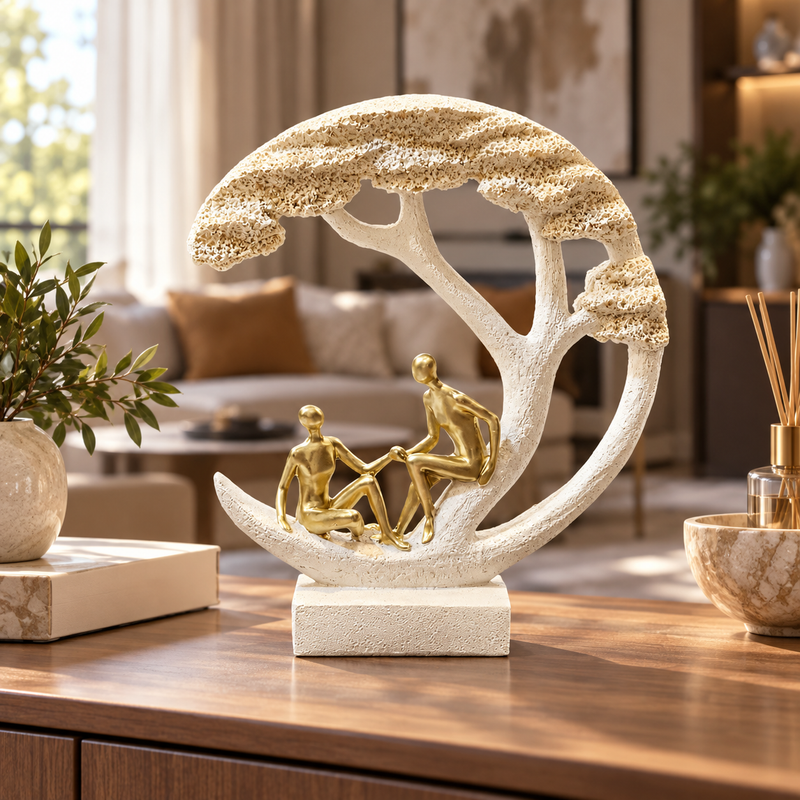 Couple Under Tree Decorative Sculpture – Cream & Gold